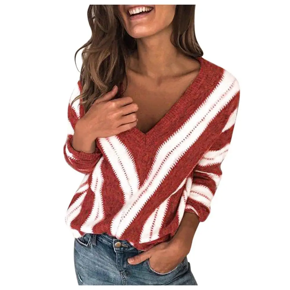 New Women Deep V Striped Thin Sweater Autumn Knitwear Tops Casual Long Sleeve Shirt Jumper Pull Femme Knitted Pullover Blusas - Цвет: Бургундия