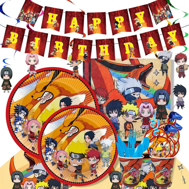 Decoración de Fiesta Temática de Anime japonés, Uzumaki, Uchiha Sasuke, Hatake, Kakashi, plato y vaso de papel, banderas, fiesta de bienvenida para el futuro bebé niños, suministros de cumpleaños