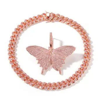 

Explosive Aqua Blue Zircon Big Butterfly Pendant Pendant necklace full of zircon men and women hip hop trend accessories