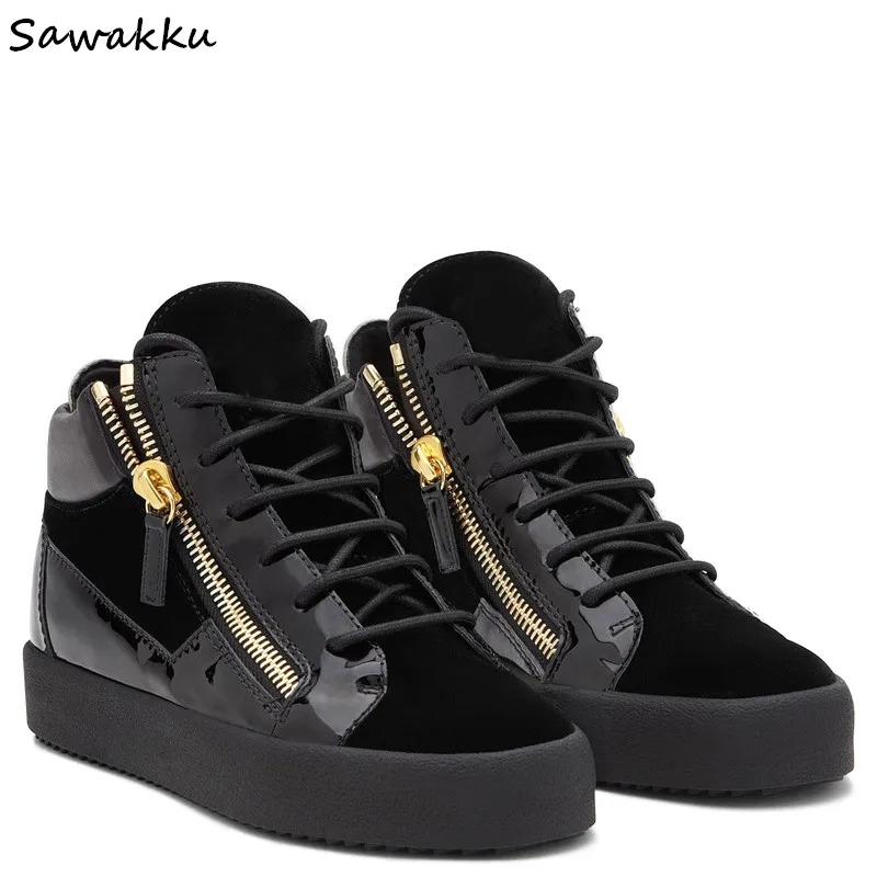 

Fashion Man Flats High-top Sneakers Black Comfortable Patchwrok Zipper Up Lace Up Men Casual Shoes Brand Leather Sport Sneakers