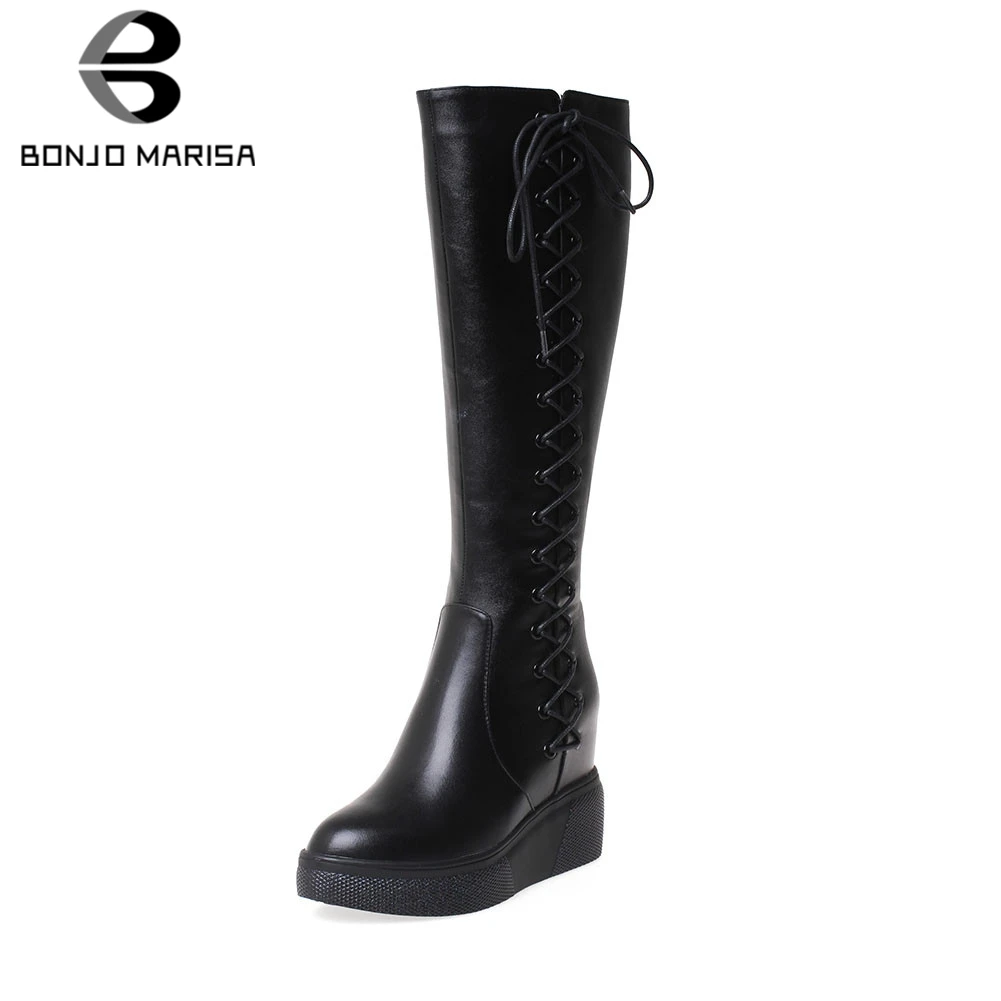 BONJOMARISA/Новинка 32-40, качественные сапоги до колена из натуральной кожи женские черные ботинки из органической кожи на шнуровке г. Женская обувь, увеличивающая рост