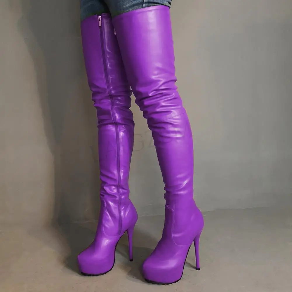 purple leather thigh high boots