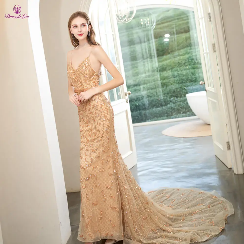 DressbLee Золотое платье для выпускного вечера с кристаллами и жемчугом, длинное платье для выпускного вечера es на тонких бретелях, официальное вечернее платье robe-de-soiree