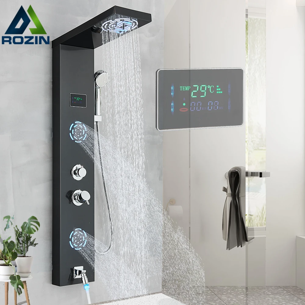 Rozin LED Bathroom Shower Faucet with LCD Black Rainfall Shower Panel Wall Mounted 5 Mode Massage Jet Shower Column Mixer Tap