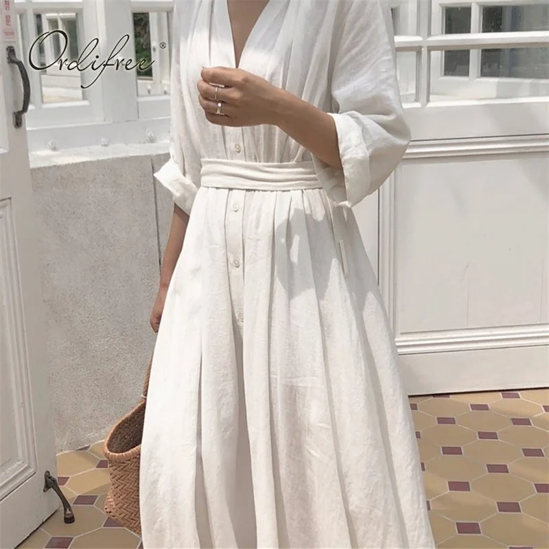 Ordifree летнее Boho женское Макси платье свободного покроя с поясом белое длинное пляжное платье праздничное платье