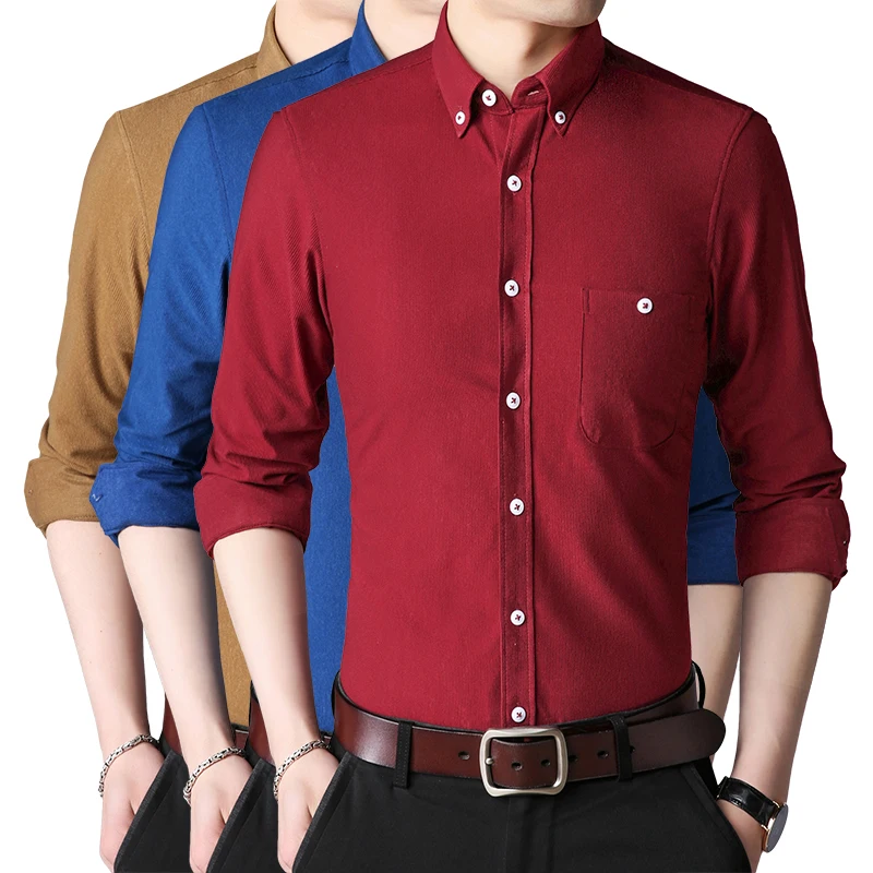 

2019 New Spring Autumn Man Solid Daily Shirts Corduroy Black Red 6Colors Men business casual High Quality Male Shirt Plus Size