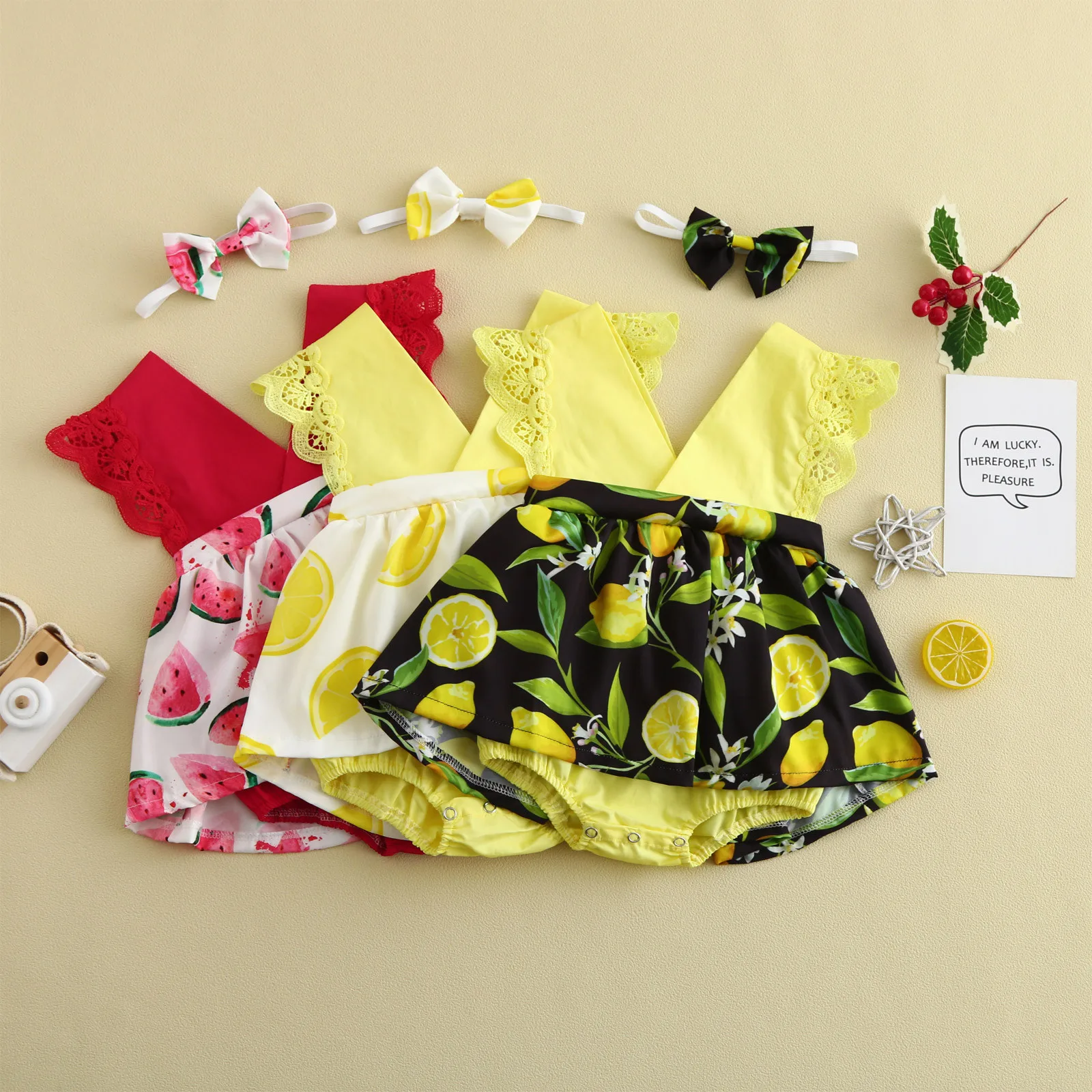 Newborn Baby Girls Sleeveless Lemon Watermelon Lace Bodysuit+headband