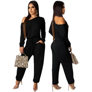 

European, American and African ethnic style women's fashion sexy loose solid color off-the-shoulder jumpsuit