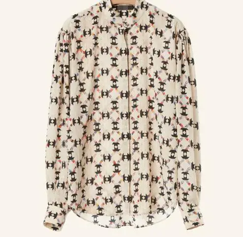 cream print Шелковая рубашка с принтом, блуза CADE, топ, воротник-стойка, длинные рукава, манжеты на одной пуговице, модные топы для женщин 2019FW - Цвет: cream print