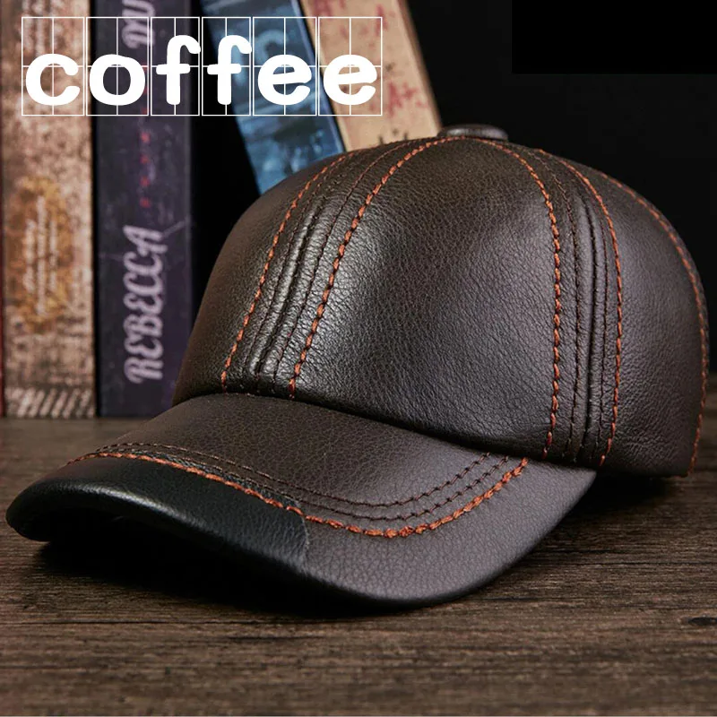 coffee Кожаная Шапка Мужская среднего возраста из натуральной воловьей кожи Повседневная бейсбольная кепка шапки осень зима Повседневные шапки зима - Цвет: coffee