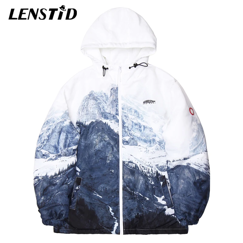 

LENSTID Hip Hop Snow Mountain Printed Hooded Jacket Parka Streetwear Men Windbreaker Harajuku Winter Padded Outerwear Warm Coats