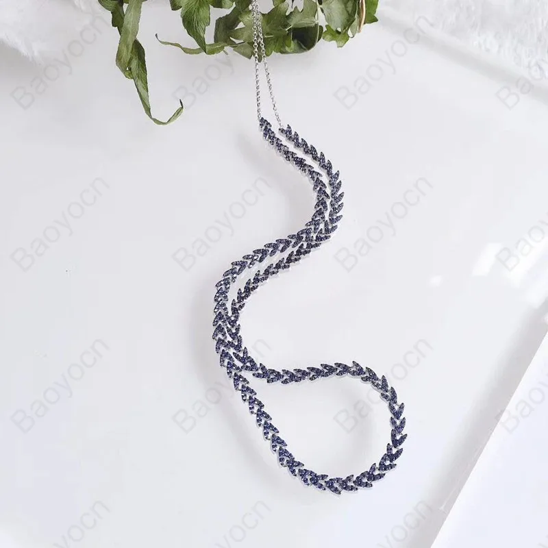 

Luxury Couture 925 Sterling Silver Navy Blue Heart Shaped Wheat Ears Necklace Adjusteble Chain Cubic Zirconia for Women Jewelry