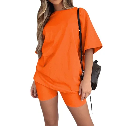 Summer Women Set O Neck Loose Short Sleeve Top Shirt and  Bodycon Cycling Shorts Women Bottom Suit Two Piece Sets Outfit