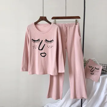 

New Women Pajamas Pink Smile Two Pieces Pajamas Set Round-neck Thicken Female Long Sleeve Home Clothes Cotton Cute Pyjamas Sets