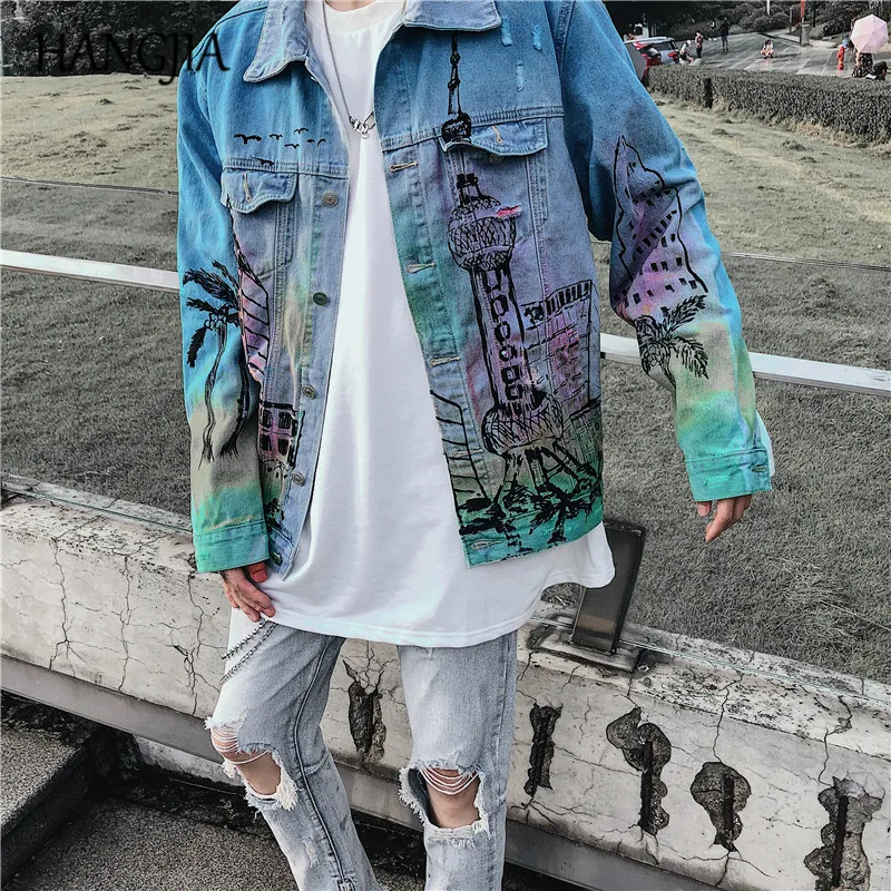 Hip Hop Printed Denim Jackets Mens Streetwear Ripped Denim Jacket for Men Fashionable Men's Clothing Jackets and Coats