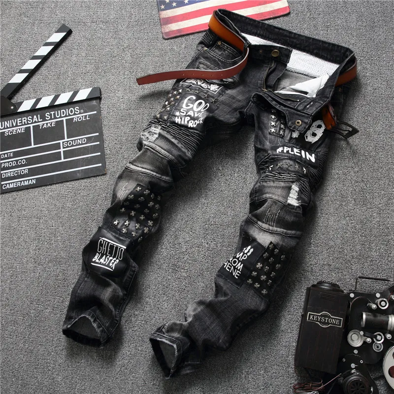 

Original design new European and American style fashionable fashion man's jeans stitching black fashionable pants 550-4