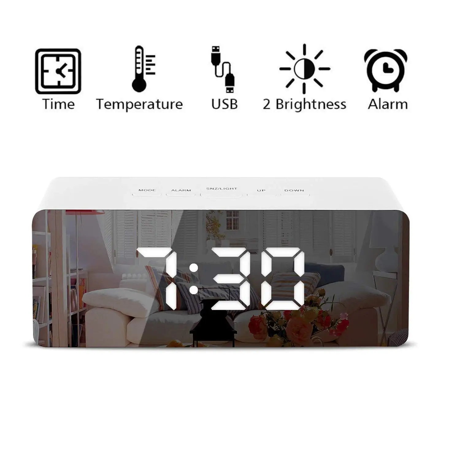 

LED Mirror Alarm Clock Thermometer Digital Display USB Dimmable Snooze Temperature Night Mode Light Memory Function Desk Clock