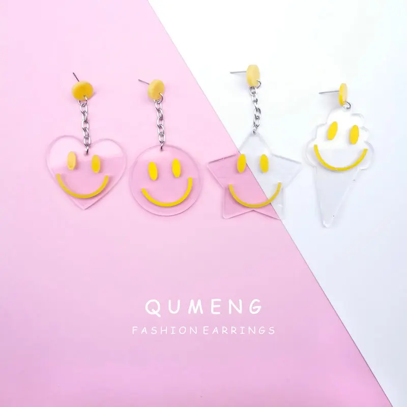 Женские акриловые серьги QUMENG 2020 длинные прозрачные гвоздики со смайликом