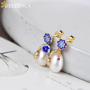 

925 Sterling Silver Natural Fresh Water Pearl Cloisonne Lotus Stud Earrings Fine jewelry Enamel Seedpods Women's Earring Vintage
