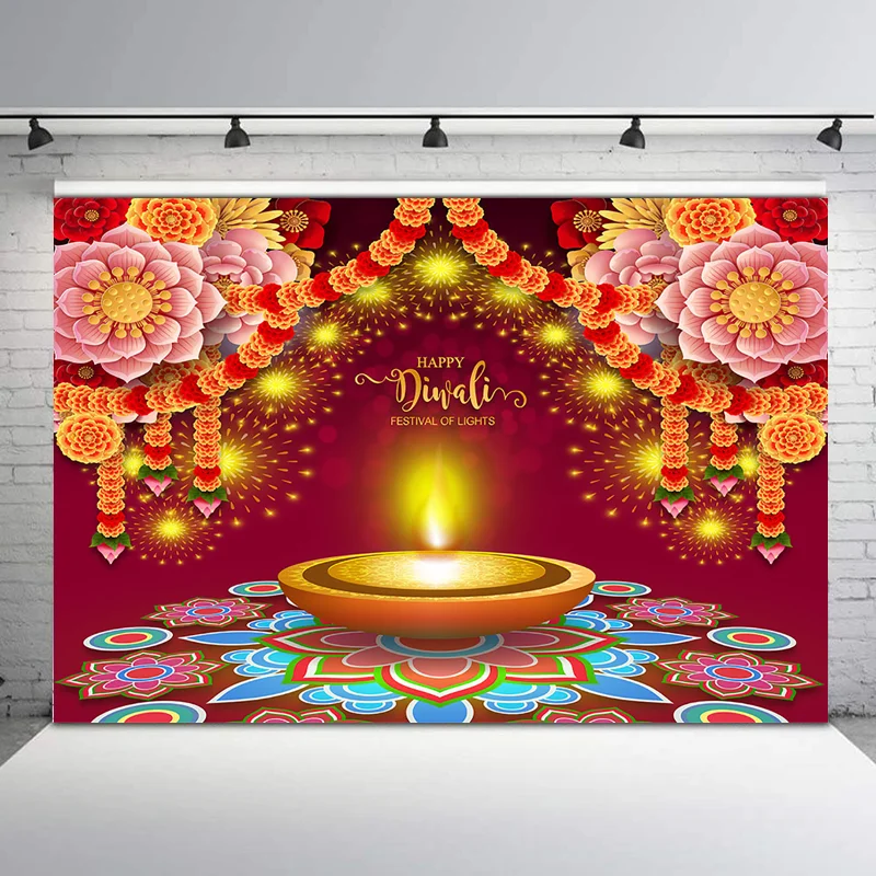 

NeoBack Happy Diwali Backdrop Red Gold Flower Festival of Lights photography backdrops Party Decoration Banner Photo Background