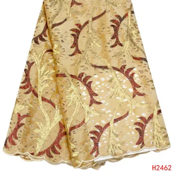 

2019 High Quality Mesh Lace Fabric Yellow Sequins African Fabric Net Lace French Lace For Women Party Dress HX2462