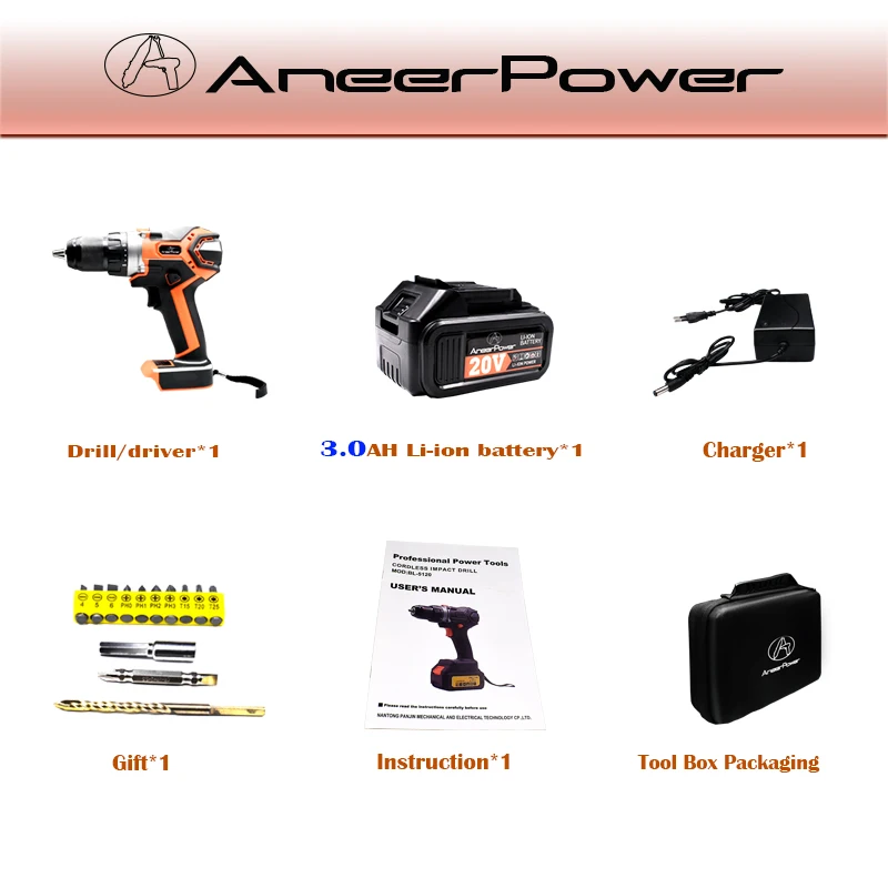 1PCS 3.0Ah Battery Ударная ручная дрель бесщеточная 20 в электроинструменты перезаряжаемая электрическая дрель-шуруповерт 3,0-2.0Ah емкость батареи аккумуляторная дрель - Цвет: 1PCS 3.0Ah Battery