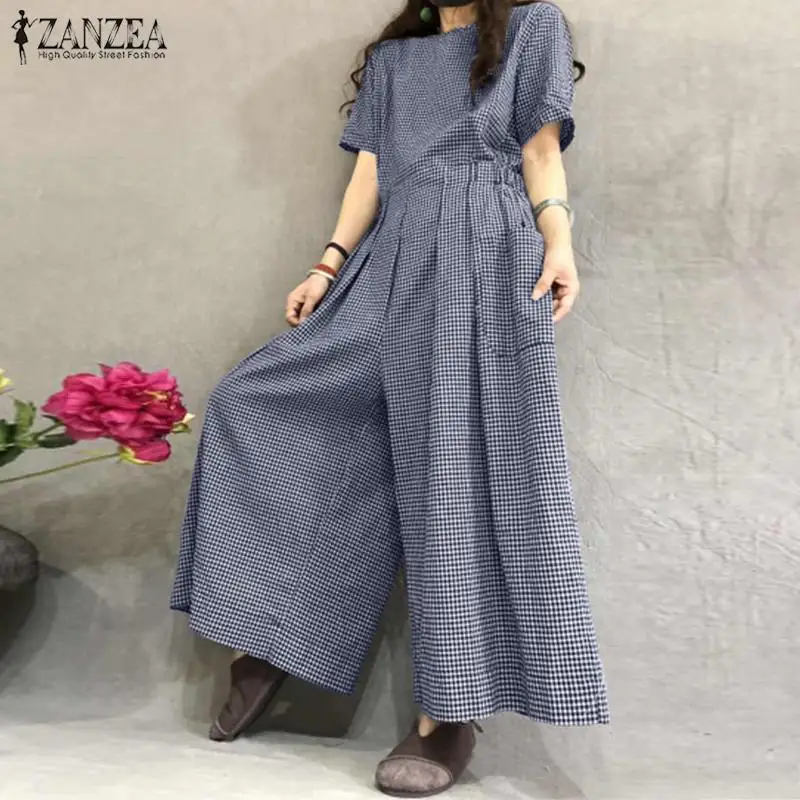 ZANZEA Women Summer Wide Leg Jumpsuits Vintage Plaid Rompers Short Sleeve Overalls Casual Back Zip Playsuits Plus Size Trousers ZANZEA Women Summer Wide Leg Jumpsuits Vintage Plaid Rompers Short Sleeve Overalls Casual Back Zip Playsuits Plus Size Trousers