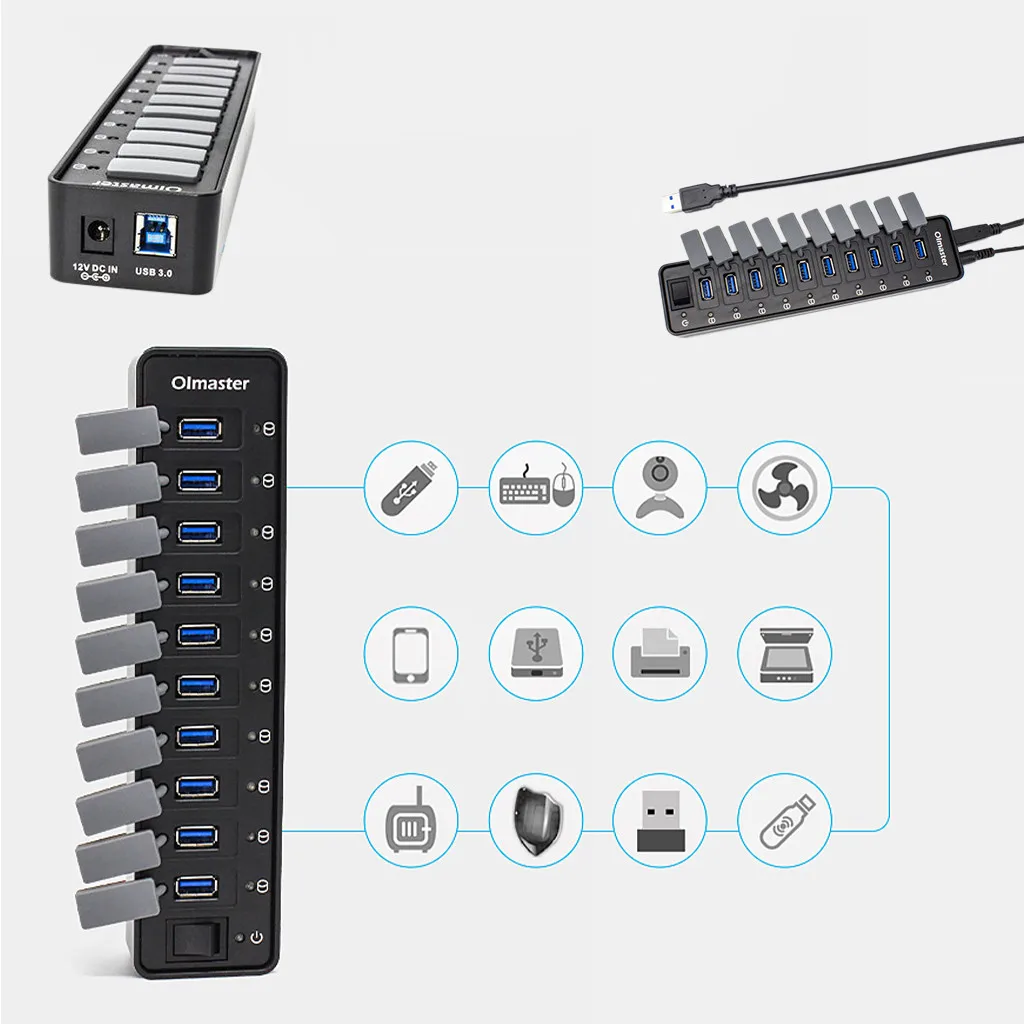 Usb-коммутатор USB3.0 10 концентратор порт с зарядкой питания и несколько разделители USB для адаптер для ноутбука планшет ПК телефон USB Hubs-L909