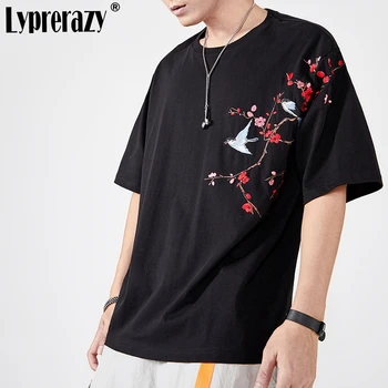 

Lyprerazy Men Black Tshirts Chinese Style Flowers Magpie Bird Embroidery T Shirts Casual O Neck Short Sleeve Harajuku Tops Tee