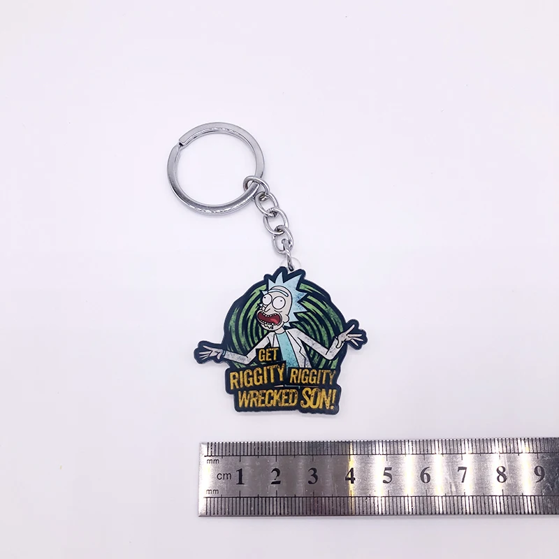 Cartoon Rick and Morty Keychains For Women Anime Funny Rick GET RIGGITY RIGGITY WRECKED SON Acrylic Key Chains Keyring Jewelry