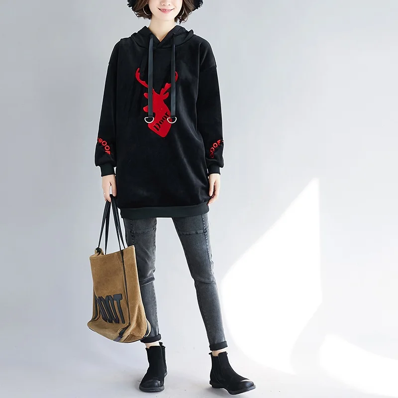 Хлопок размера плюс винтажная вышивка осень зима пуловеры толстовки Повседневная Свободная Толстовка женская одежда Толстовка уличная одежда