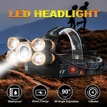 

T6 Headlight 9000Lumen headlamp 5 LEDs Head Lamp Flashlight Torch Head Light IR Sensor Headlamp Waterproof With 2x18650 battery