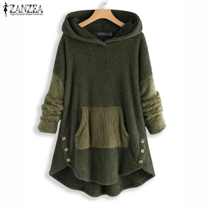  ZANZEA Women Hoodies Sweatshirt Winter Long Sleeve Plush Fluffy Jumper Pull Femme Autumn Hooded Fle