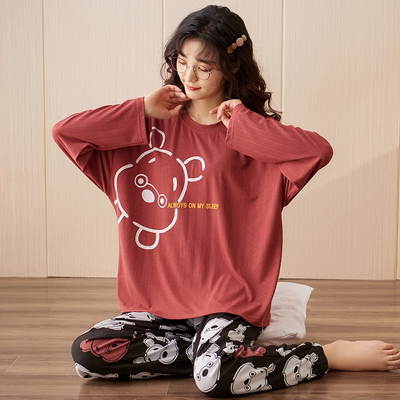 Spring Cartoon Cotton Sleepwear For Women 2 Pieces Set long-sleeved trousers pajamas suits Female pijama Clothing sets pyjama