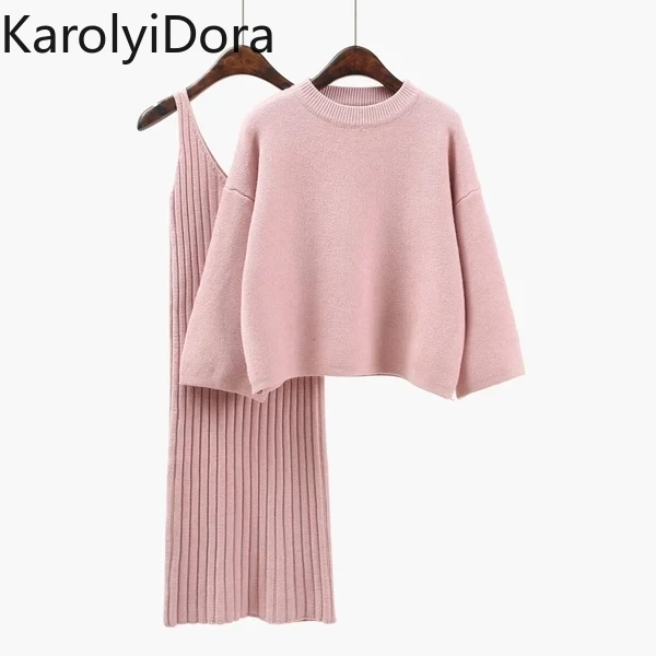

Autumn Womans Sweater + Straped Dress Sets Solid Color Female Casual Two-Pieces Suits Loose Sweater Knit Mini Dress Winter