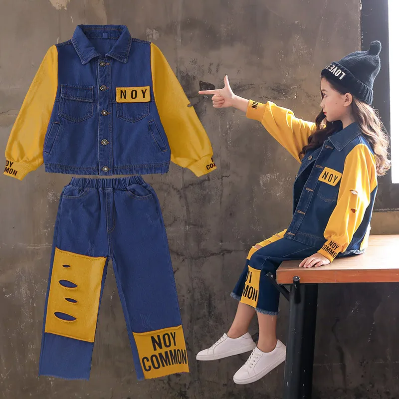 

Girls Denim Suit 2018 Spring And Autumn New Style Korean-style GIRL'S Coat Western Style with Holes Jeans Two-Piece Set Fashion