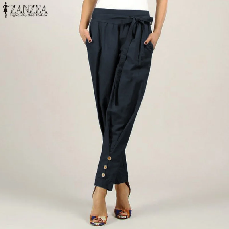 ZANZEA, повседневные женские узкие брюки, высокая талия, одноцветные штаны, женские повседневные свободные штаны с поясом, офисные штаны
