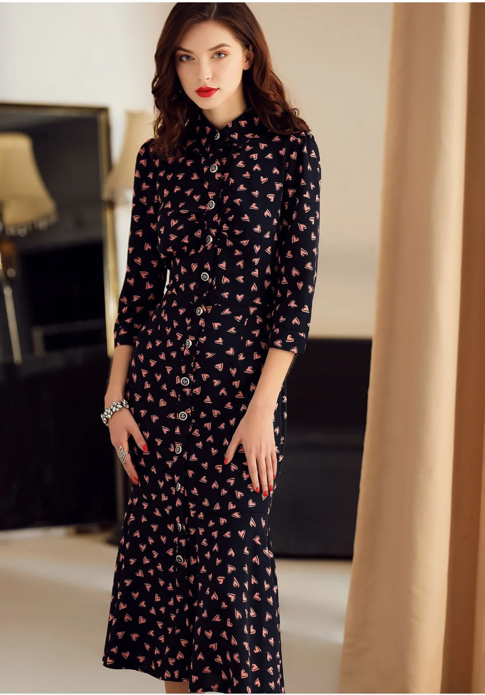Elegant Dress Spring Woman 2020 New Vintage Dot Ruffles Turn Down Collar Sleeve Slim Mid Calf High Quality Female Dress Y67