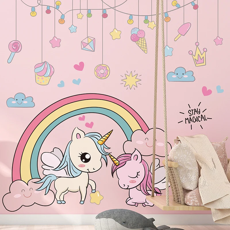 [Shijuekongjian] Мультяшные Животные наклейки на стену DIY Радужный Единорог настенные Переводные картинки с лошадью для дома детские комнаты украшение для детской спальни