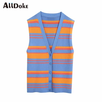 

ALLDOKE streetwear striped casual women tank tops summer v neck sleeveless crop tops femme vintage ladies button tank tops mujer