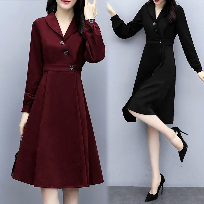 

2019 New Style Waist Hugging Slimming Elegant Base V-neck Corduroy Retro Dress Women's Autumn And Winter Long Skirts