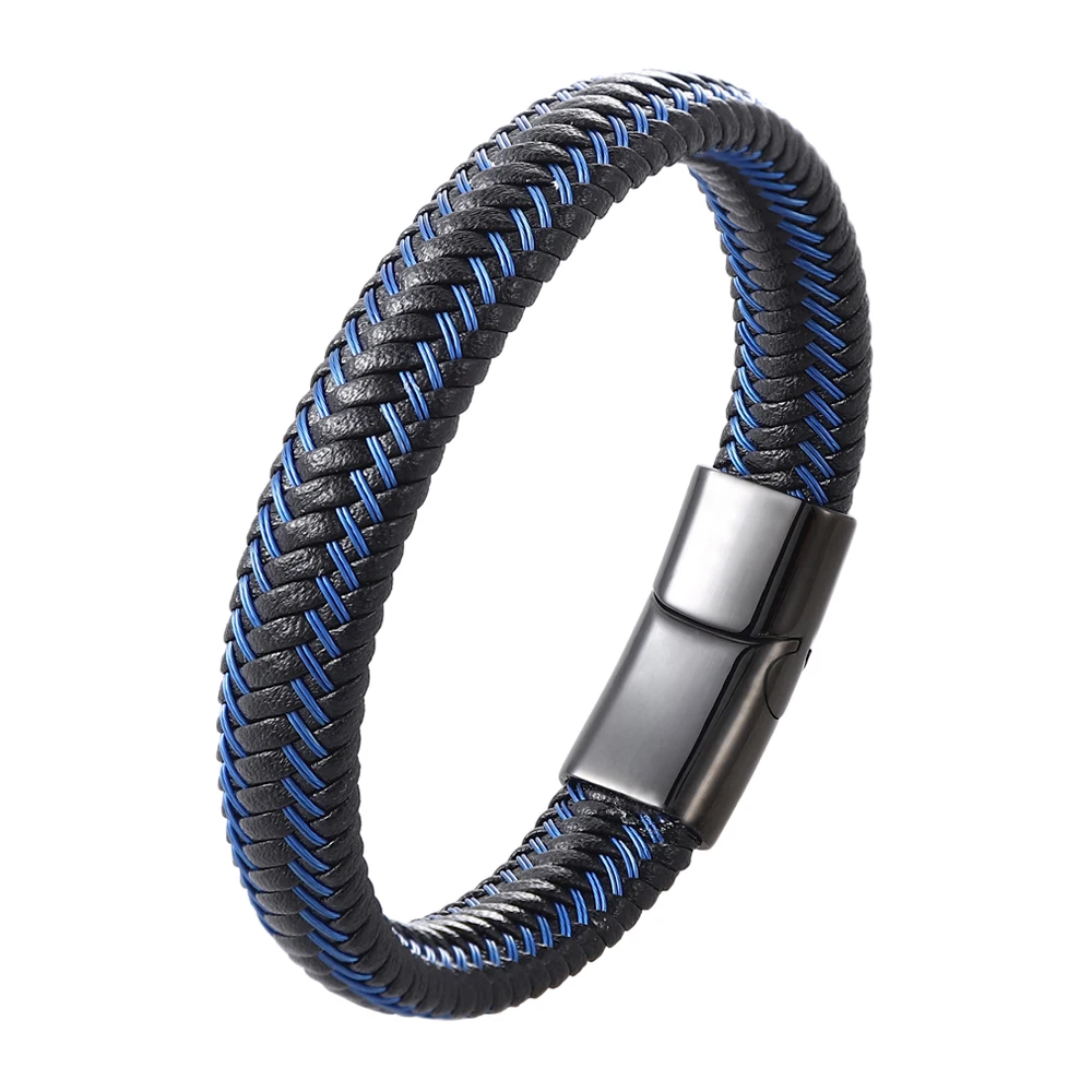 Trendy Men's Red Blue Genuine Leather Bracelet Stainless Steel Magnet Clasp Couples Jewelry Gifts for Unisex