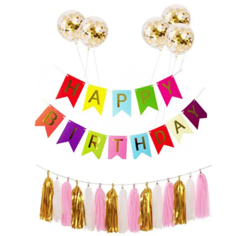 

1Set Happy Birthday Paper Banner Sequin Confetti Balloons Tassel Garland Party Decorations for Adult Kids Baby Boy Girl
