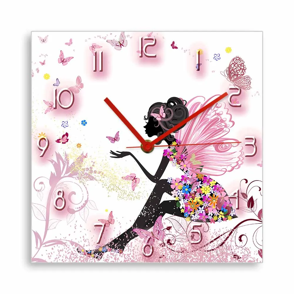 

Flower Fairy with Butterflies Square Wall Clock For Girls Bedroom Fairy Tale Pink Home Decor Quiet Movement Wall Watch For Her