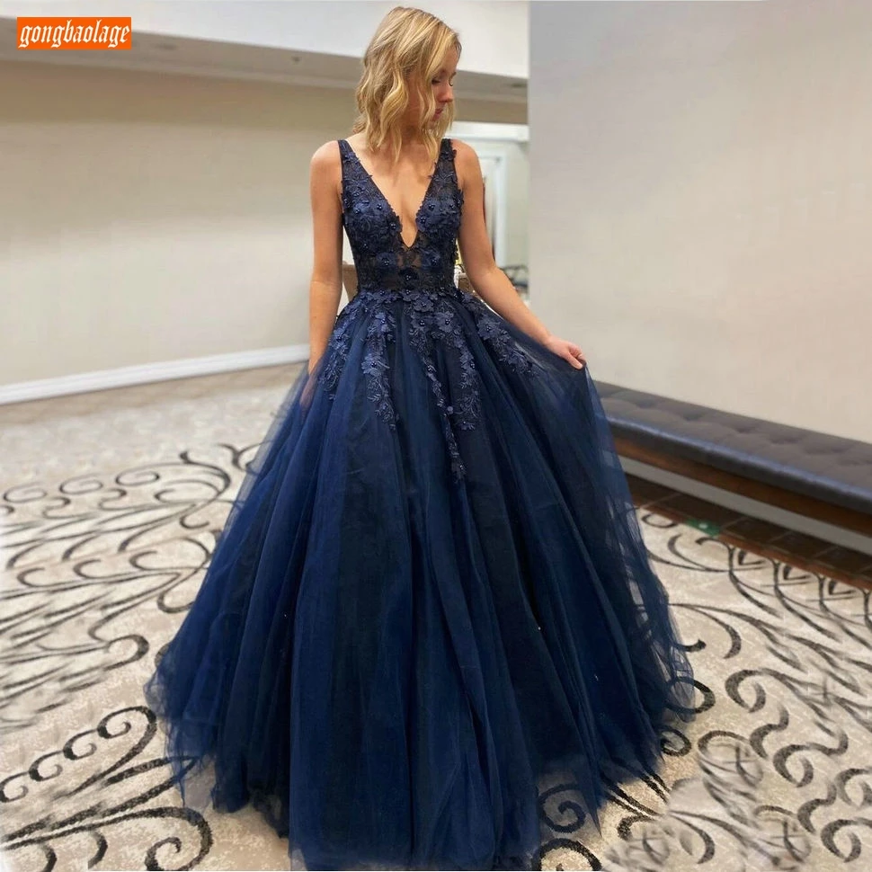 

Royal Blue Evening Dresses V Neck Lace Appliqued Beaded Tulle Long Evening Gowns Custom Made 2020 Vestidos De Fiesta De Noche