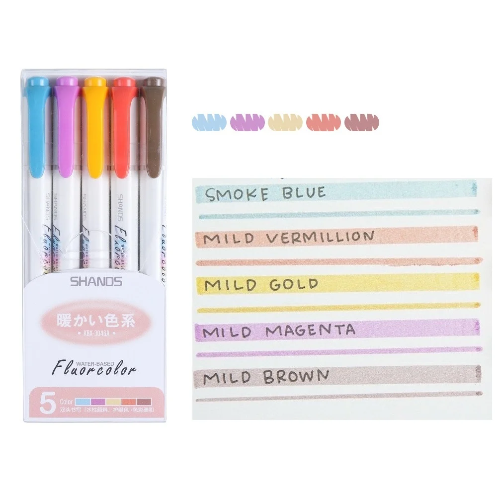 5pcs Mild Color Highlighter Liner Pens Set Double tip Bold Fine Friendly Fluorescent Marker Lettering Drawing Office School F782