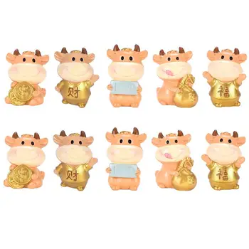 

10pcs Cartoon Bull Adornment New Year Decorative Bull Ornament Micro Landscape Wealth Is Rolling In The Year Of The Ox