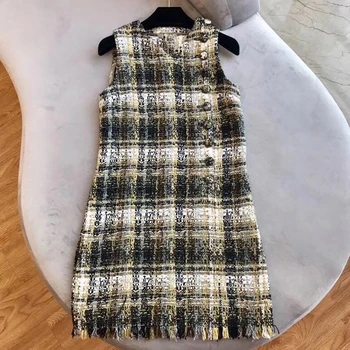 

Tweed Mini Dress Women 2019 Autumn O-neck Single Breasted Sleeveless Plaid Dress Female