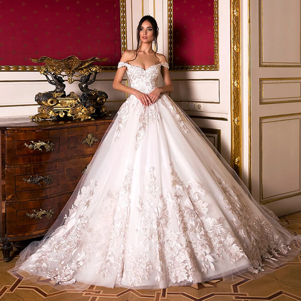 Vestido de Noiva, бальное платье с вырезом лодочкой и аппликацией из бисера, свадебное платье, роскошное платье Hochzeitskleid с открытыми плечами, Robe de Mariage