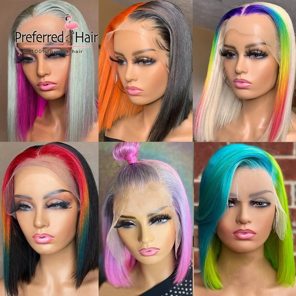 Preferido Preplucked Rosa Bob corto peluca destacar transparente pelucas de encaje arco iris verde Ombre frente de encaje pelucas de cabello humano para las mujeres